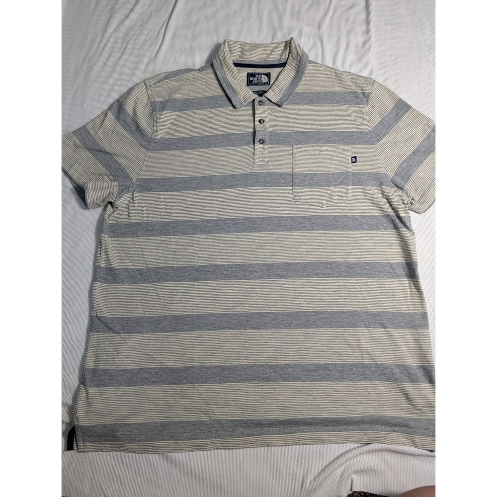 The North Face Mens XL‎ Gray Striped Short Sleeve Pocket Polo Cotton Blend 659